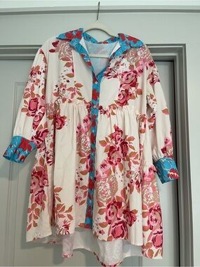 Sunday Up Floral Button-Front Mini Dress with Contrast Trim